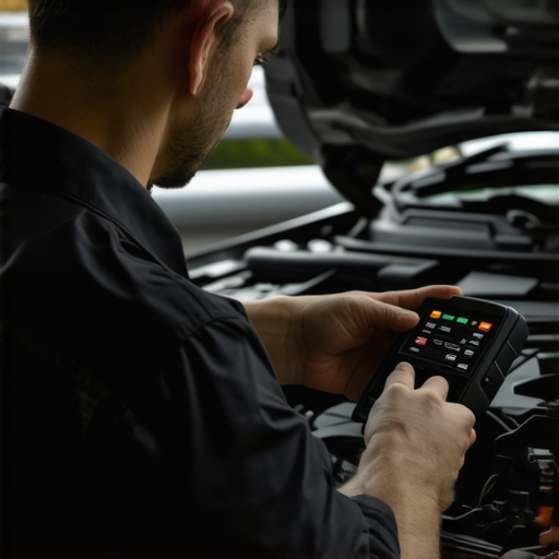 Technician performing diagnostic scan on vehicle engine with advanced tools
