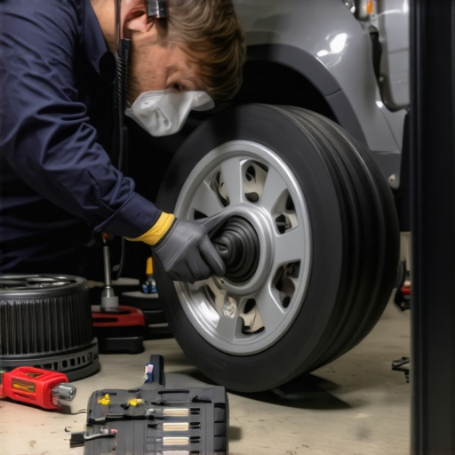 Technicians performing ultrasonic brake testing with specialized tools.