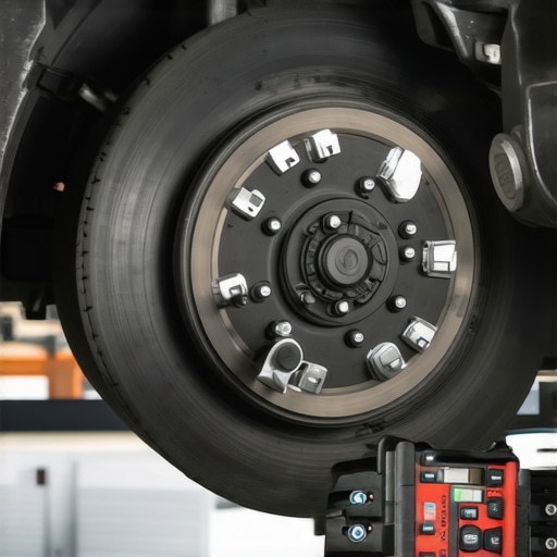 A detailed image showing brake pads, sensors, and diagnostic equipment in a modern vehicle