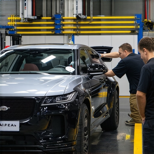 Technicians calibrating safety sensors on a modern vehicle in a repair shop