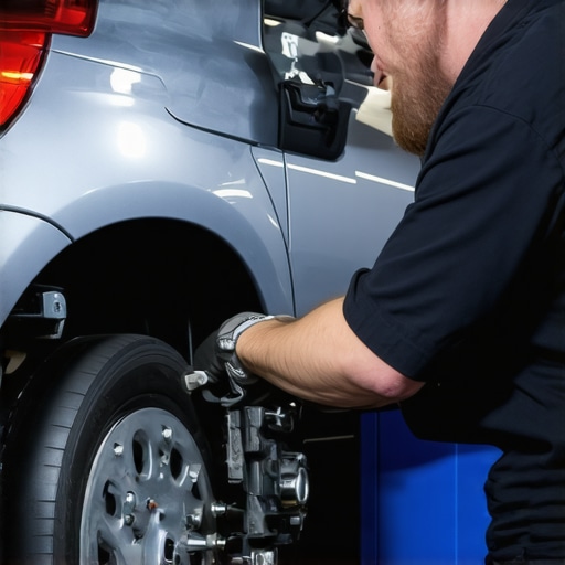 Mechanic performing professional inspection of brake and transmission systems in workshop.