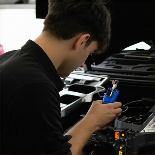 Technician calibrating electronic brake and transmission controls in a workshop