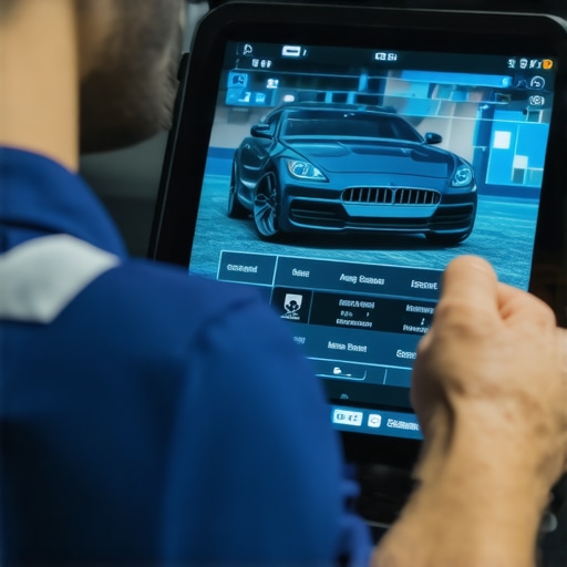Car technician using augmented reality diagnostic tools in auto repair shop