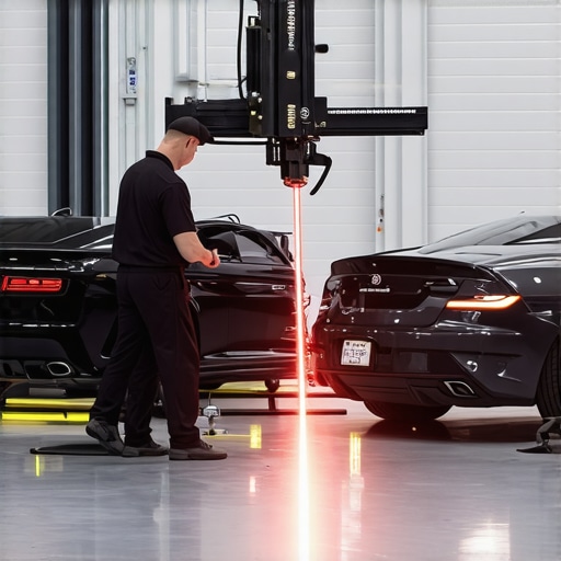 Technician using laser alignment equipment for vehicle frame repair.