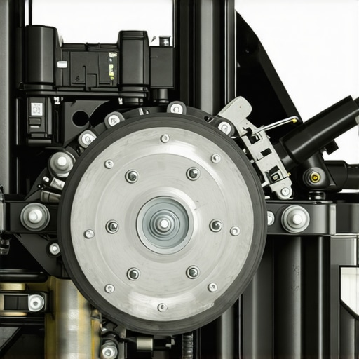 Close-up of advanced brake system parts with sensors and electronic controls.