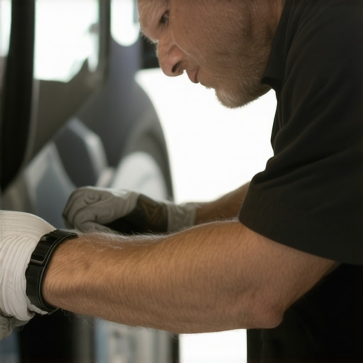 Post-Repair Safety Inspection Mechanic inspecting vehicle safety sensors in a repair shop.