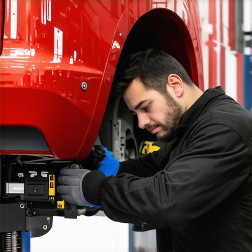 Technician using laser device for precise vehicle frame alignment during repair process