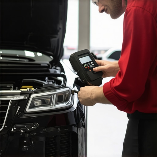 Mechanic examining vehicle transmission with high-tech diagnostic equipment.