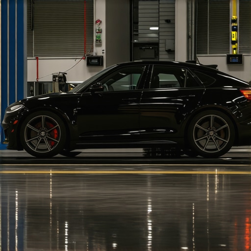 Vehicle Sensor Calibration in Progress Technicians calibrating vehicle sensors in a repair shop.