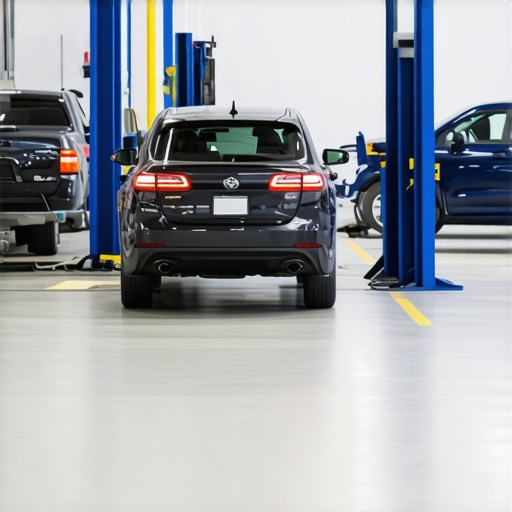 Technicians using laser alignment tools in a modern auto repair shop