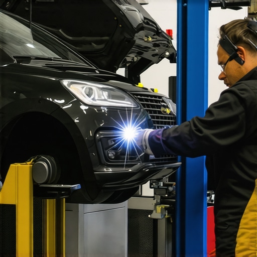 Technicians using laser welding and diagnostic equipment in a contemporary auto body repair shop