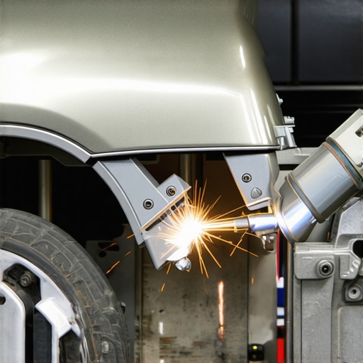 Advanced Laser Welding in Auto Repair Technician performing laser welding on a car's structural frame for precision collision repair.
