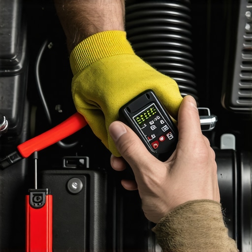 Mechanic inspecting transmission and brake systems with diagnostic equipment