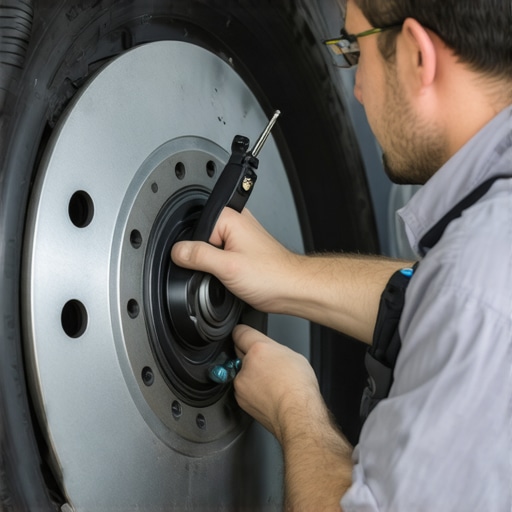 Mechanic inspecting brake pads and rotors with advanced diagnostic equipment