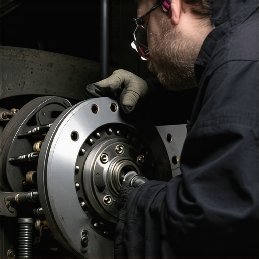 Automotive technician inspecting car brakes with advanced diagnostic tools in a professional garage
