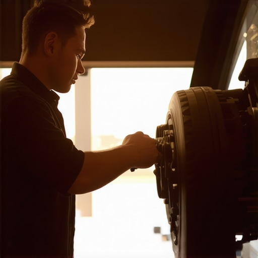 Technician performing diagnostic on vehicle's brake and transmission systems