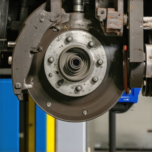 Close-up of brake pads and transmission parts in auto repair shop