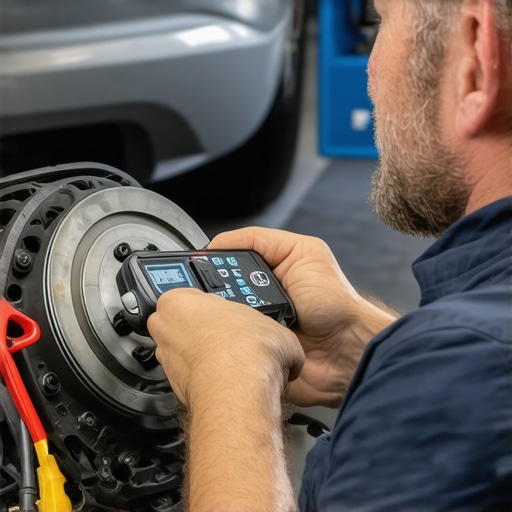 Mechanic examining vehicle transmission and brake components with diagnostic equipment