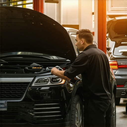 Technicians using diagnostic equipment in a professional auto repair shop