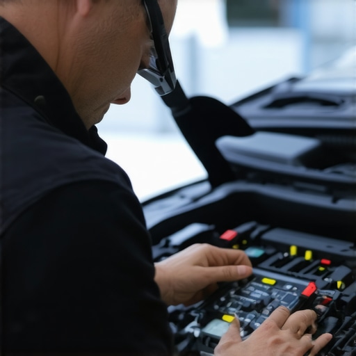 Technician performing diagnostics on vehicle's transmission and brake systems with advanced tools.