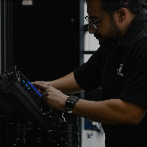 Technician working on a high-tech car's brake and transmission systems