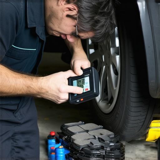 Mechanic inspecting vehicle brake pads and transmission fluid with diagnostic tools.