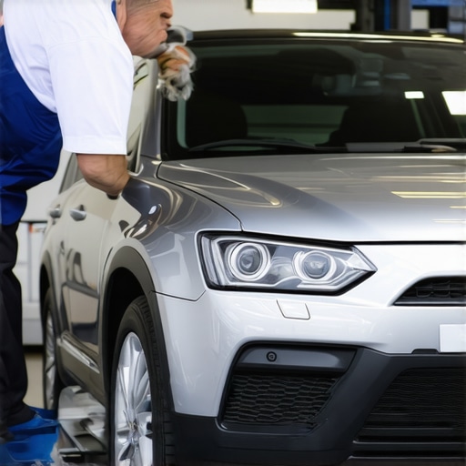 Car undergoing safety inspection during auto repair.