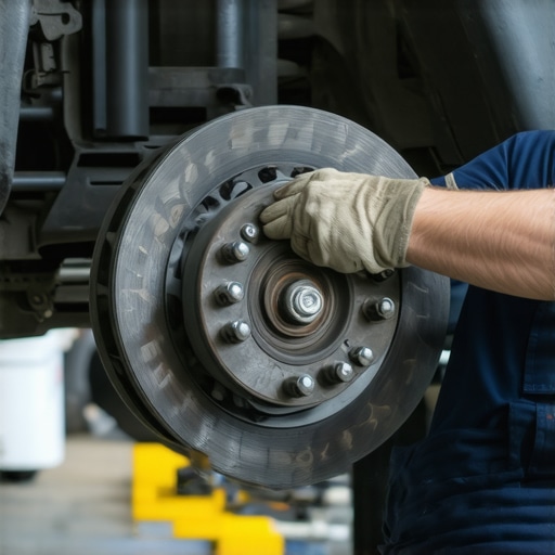Mechanic inspecting car brake system with modern tools in workshop