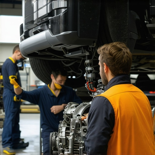 Technicians inspecting a vehicle's brake and transmission systems in a professional auto repair shop.