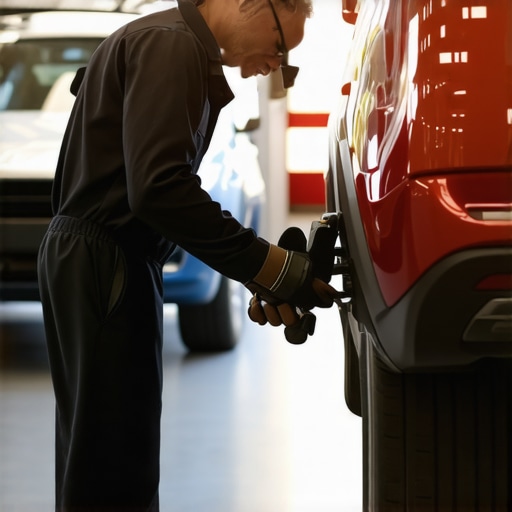 Mechanic inspecting car brake pads and transmission fluid in a garage setting.