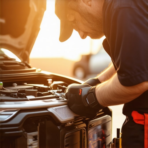 Mechanic inspecting car engine with tools in auto repair shop
