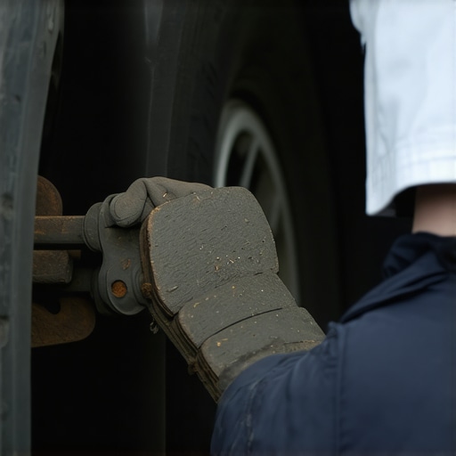 Person inspecting brake pads for wear during car maintenance