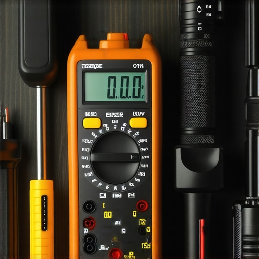 Close-up of digital multimeter, torque wrench, and flashlight for car maintenance