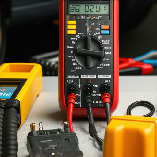 A digital multimeter and OBD-II scanner used for vehicle diagnostics on a repair table.