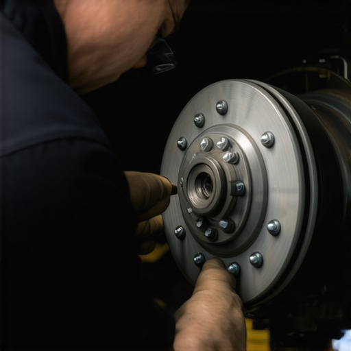 Mechanic inspecting car transmission and brake components during maintenance.