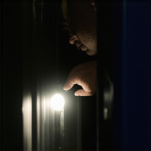 Person checking brake pad thickness with flashlight