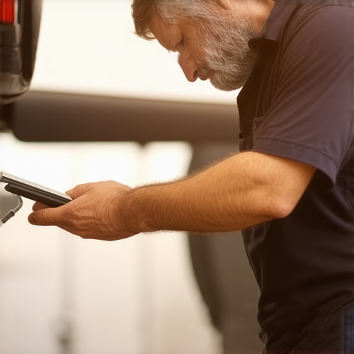 Auto mechanic inspecting vehicle body and safety features in garage.