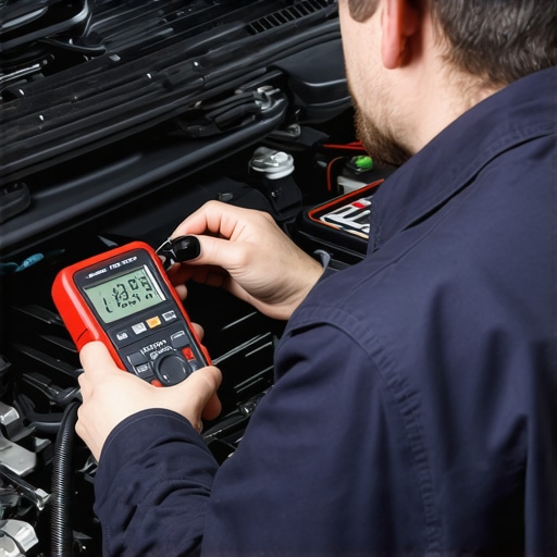 Mechanic using multimeter and OBD scanner on car engine