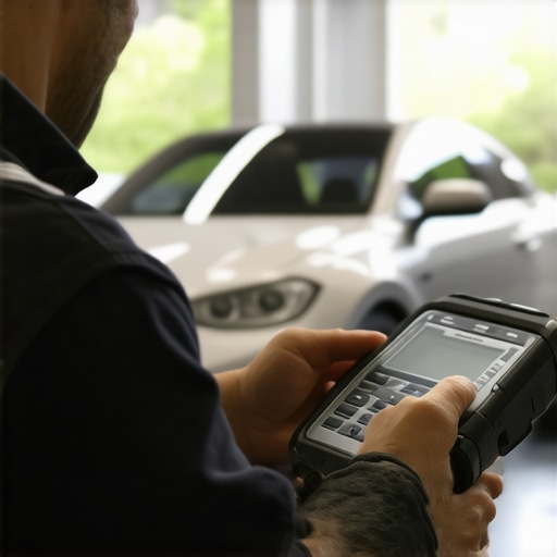 Person operating a high-tech car diagnostic scanner in a workshop