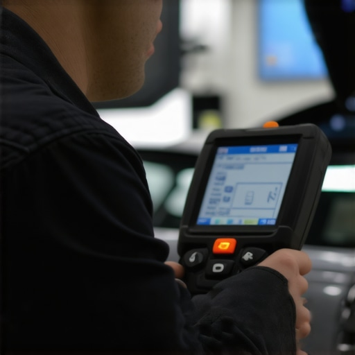 Mechanic connecting an OBD-II scanner to a vehicle's port in a garage