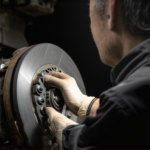 Mechanic checking brake pads and transmission fluid during vehicle inspection