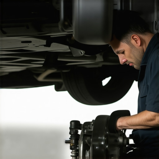 Mechanic checking brake fluid and components during maintenance