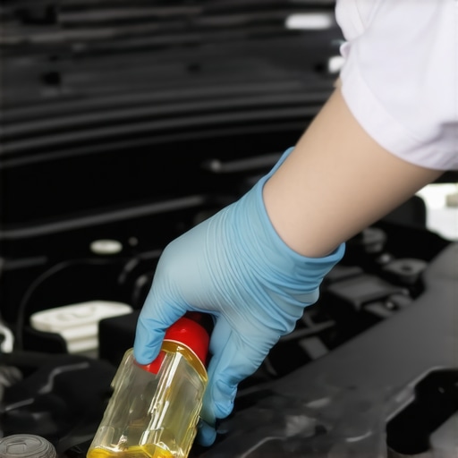 A mechanic or car owner inspecting the transmission fluid reservoir in a car engine.