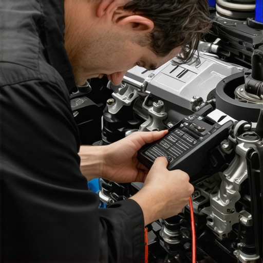 Mechanic checking transmission system with diagnostic scanner