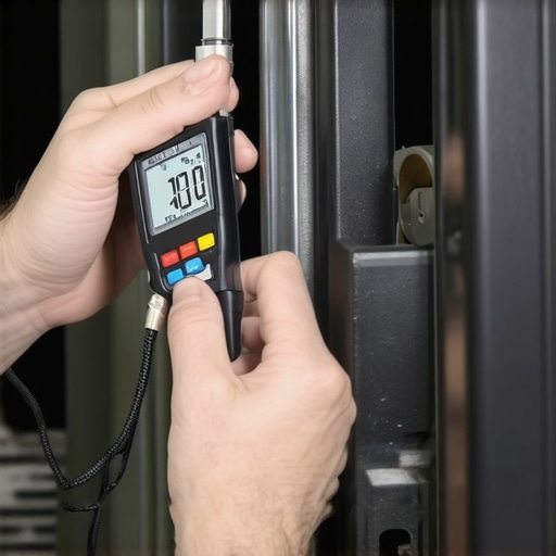 Person measuring brake pad thickness with a digital caliper in a garage