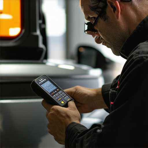 Mechanic operating diagnostic scanner on car dashboard