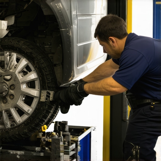 Mechanic working on a car's transmission system during repair process.