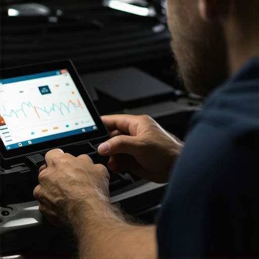 Mechanic analyzing vehicle diagnostics with a digital scanner and tablet