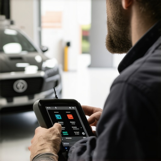 Mechanic checking vehicle diagnostics with a handheld scanner
