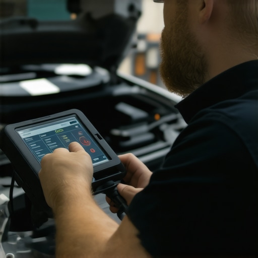 Mechanic performing vehicle diagnostics with a digital scanner on a hybrid car